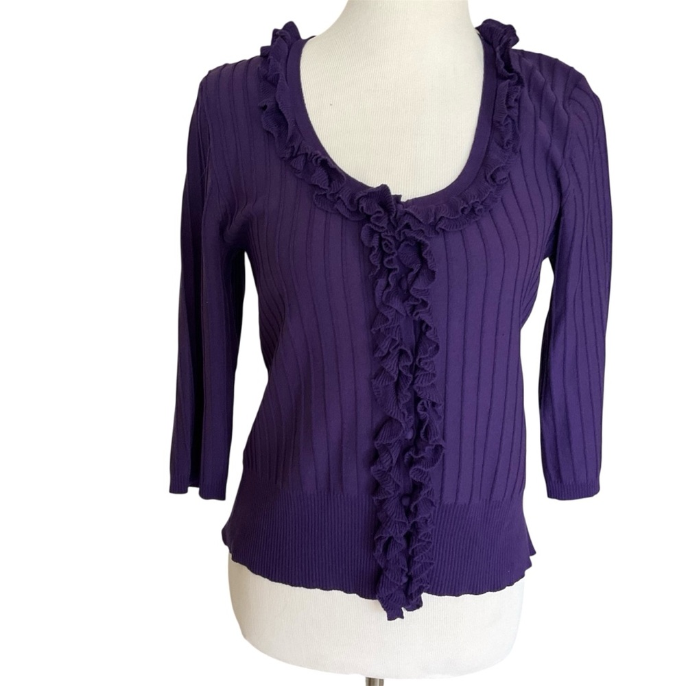 Cable & Gauge Ruffled Scoop Neck Sweater Silk Blend Purple Medium